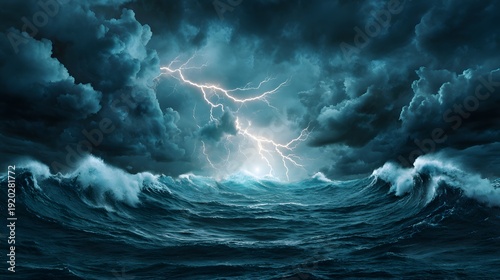 Tempestuous Ocean's Fury: A dramatic display of nature's raw power as a tempestuous ocean surges under a stormy sky, illuminated by a flash of lightning.