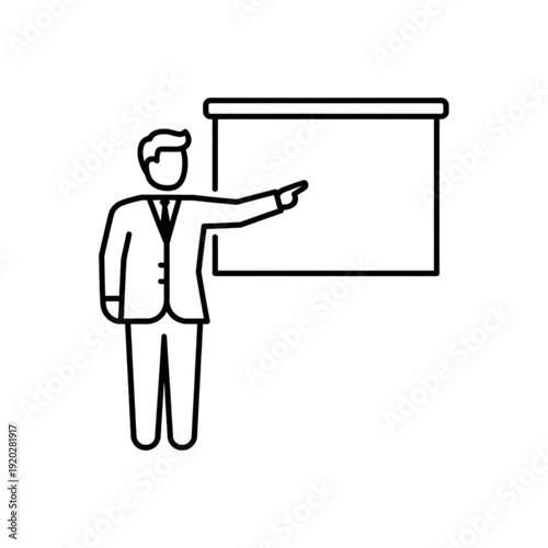 Professional vector image showing a male presenter in a suit pointing at a blank whiteboard for business training, educational lectures or corporate presentations.