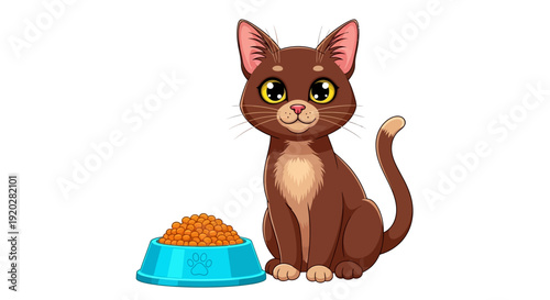 A cartoon cat sitting beside a bowl of food, looking directly at the viewer with curiosity and hunger