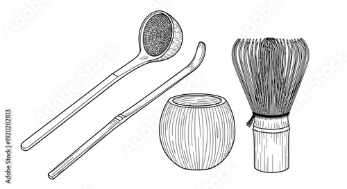 Traditional Japanese tea utensils including scoop, whisk, and bowl in a simple illustration