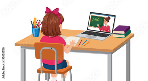 Young girl sitting at desk engaging in online learning with laptop and pencils nearby in a focused study environment viewed from behind