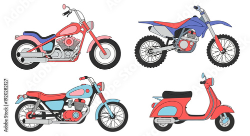 Collection of colorful motorbikes and scooters on a clean background from various viewpoints