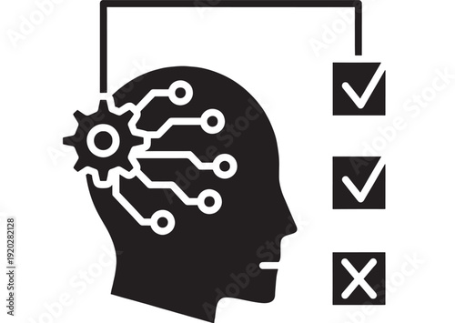 Head profile with circuit board and checklist icons for decision making process and analysis featuring technology, innovation, thinking with cognitive and artificial intelligence elements for machine