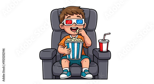 A young boy enjoying a movie in a recliner chair with 3D glasses and popcorn
