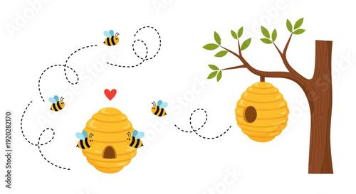 Bees flying around beehives hanging from a tree branch in a sunny outdoor environment viewed from the side
