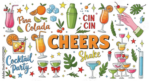 Vibrant cocktail party illustration with cheers, drinks, and festive decorations from a playful overhead viewpoint