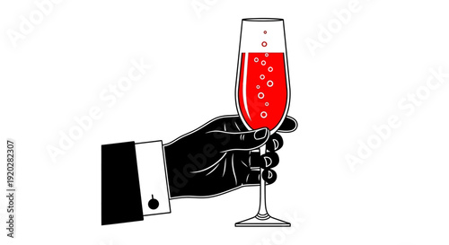 A black gloved hand holding a champagne flute with red bubbly drink, illustration, close-up view