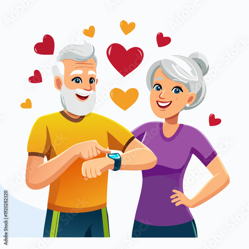 Energetic senior couple checking fitness stats on smartwatch and mobile app after morning run