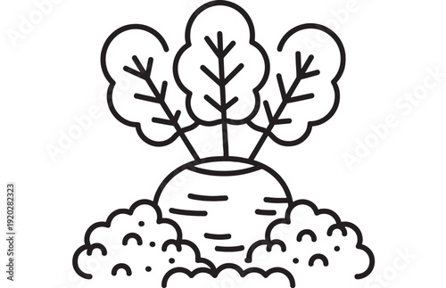 Beetroot vegetable line icon with leafy tops growing in soil, black outline doodle style for farming, gardening, healthy food labels, stickers, and packaging design