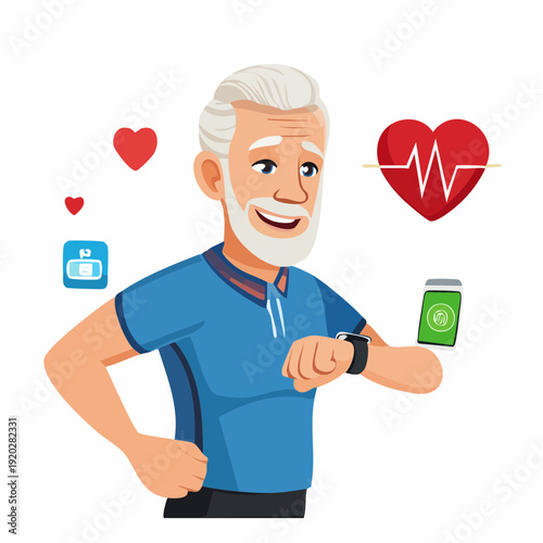 The energetic old man checks his fitness statistics on the smartwatch and mobile app after his morning jog. Retired life.