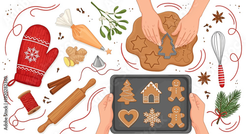 Hands decorating Christmas gingerbread cookies with festive holiday baking tools and ingredients on a white surface