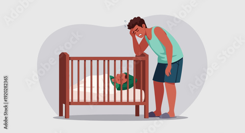 A mother sorrowfully gazes at her sleeping infant in a wooden crib, standing beside it in a serene domestic environment.