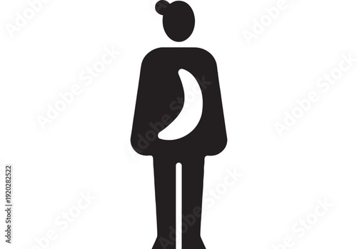 Pregnant woman icon silhouette with baby bump symbol, minimal black glyph pictogram for maternity, pregnancy announcement, prenatal care, obstetrics signage isolated