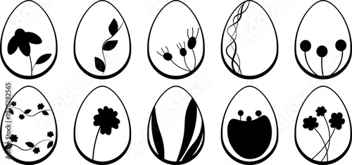 Minimalist collection of ten Easter egg icons featuring black silhouette floral and botanical motifs, perfect for high contrast spring holiday crafts, digital stamps, and stationery.