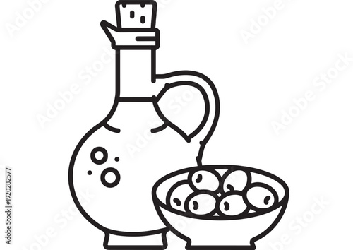Olive oil bottle with cork stopper and pouring spout beside bowl of olives, simple black line icon illustration isolated on white for cooking, restaurant, menu design
