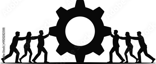 Teamwork and collaboration pushing a large gear together symbolizing business synergy, partnership, and mechanical process in silhouette style.