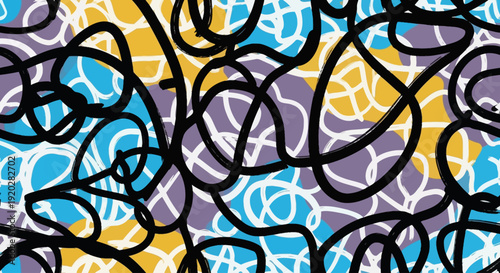 Intricate Pattern of Swirling Shapes and Lines in Vibrant Colors