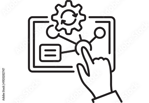 Dashboard analytics icon with finger touch interaction, gear settings and connected nodes on screen, outline line art symbol for UI, automation and data management