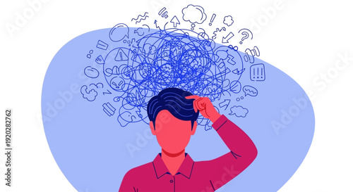 A person puzzled with thoughts and ideas swirling around their head in a conceptual illustration