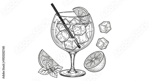 A refreshing cocktail glass filled with ice and citrus slices, surrounded by citrus fruits and leaves, viewed from the front.