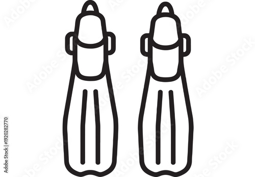Flippers diving swim fins icon set with simple black outline, isolated on white background, minimal scuba snorkeling equipment pictogram for web, app, print