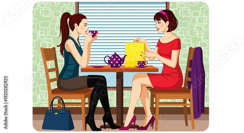 Two women sitting at a table, chatting and shopping, enjoying a leisurely afternoon indoors with shopping bags