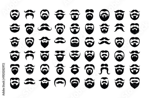 Variety of vectors showing different styles of beards and mustaches on men.