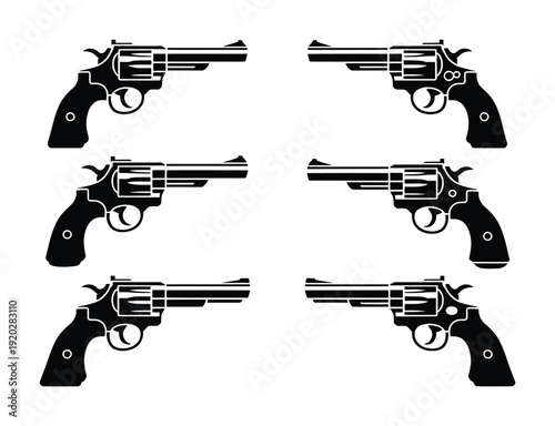Vector of six black revolvers arranged in two rows of three