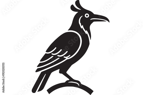 Bird raven silhouette icon perched on branch, minimalist black and white vector style, clean flat logo design for wildlife, nature branding, and signage