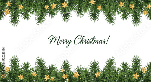 Merry Christmas Greeting Card with Realistic Green Pine Branches and Golden Stars Border on White Background for Seasonal Holiday Celebration Banner