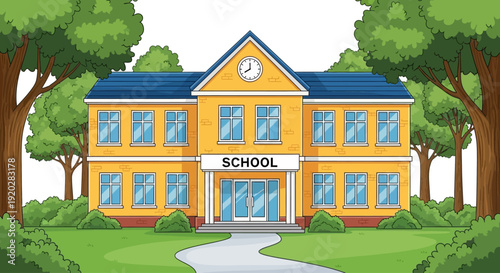 A vibrant yellow school building surrounded by lush green trees and a winding path, viewed from a slight angle in a serene environment