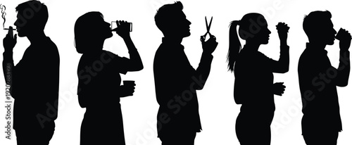 Professional set of black profile silhouettes featuring diverse men and women in everyday actions like drinking, smoking, and using scissors on white background.