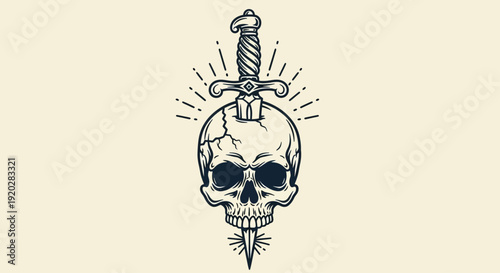 A dagger pierces a skull, symbolizing mortality and danger, in a vintage illustration style, viewed from the front.