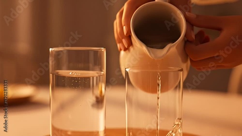Pouring Water into Glass for Refreshment, Hydration, and Health