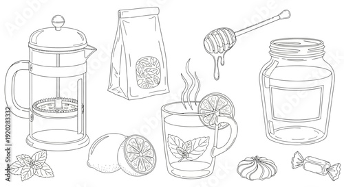 A soothing cup of tea surrounded by tea-making essentials and ingredients, captured from a straightforward viewpoint