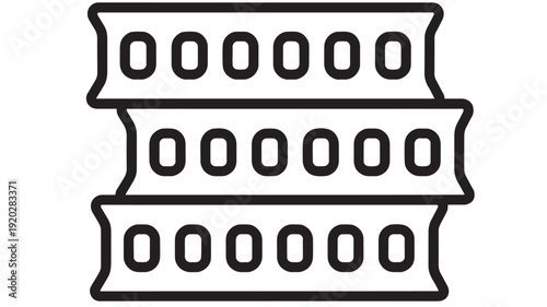 Servers stack icon with database rack modules in outline style, black line symbol for hosting, cloud storage, data center infrastructure, isolated on white background