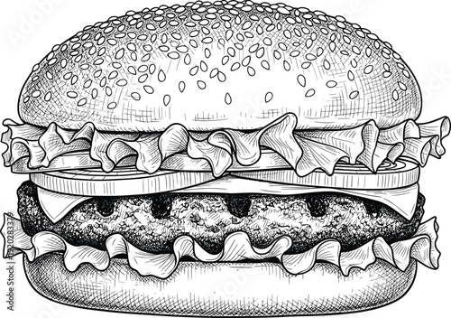 Vintage hand drawn engraving style burger illustration featuring sesame seed bun lettuce tomato and juicy meat patty for restaurant menu design