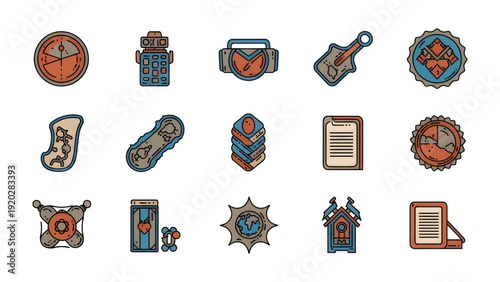 Set of Design Icons: A meticulously curated assembly of intricate design icons, each representing a unique concept or element. Their vintage, detailed style evokes creativity.