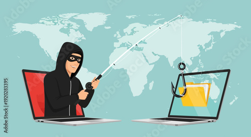 Hacker stealing data from a laptop with a gun, global map in the background, cybercrime scene, digital theft, worldwide threat