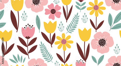 Vibrant floral pattern featuring colorful tulips and daisies in a lively garden setting from a top-down viewpoint