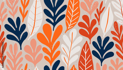 Hand-drawn autumn leaves in clean linear style arranged over a soft beige background, forming a minimalist seamless pattern ideal for modern stationery and textile applications.