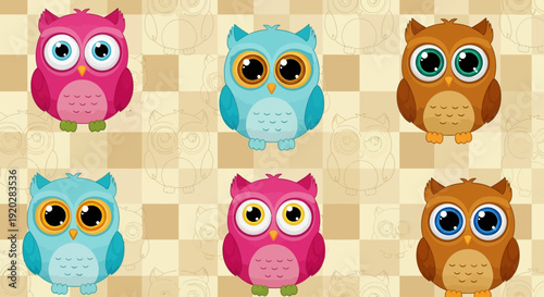 A collection of colorful cartoon owls displayed on a checkered background from a direct viewpoint