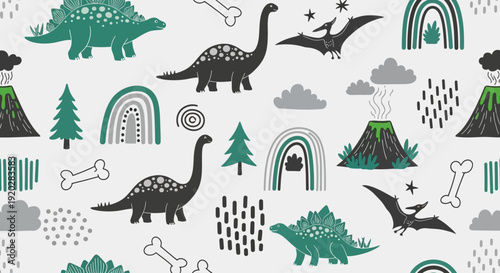 Prehistoric creatures, dinosaurs, and bones in a whimsical landscape with rainbows and clouds from a bird's eye view