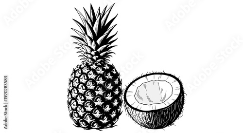 Detailed black and white illustration of a whole pineapple and a halved coconut side by side on a plain background viewed from the front