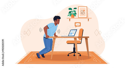 Man exercising at home office desk with laptop and plants in the background