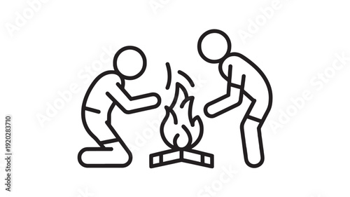 Campfire icon with two people warming hands around flames, simple black outline pictogram for outdoor camping, survival, bonfire safety and adventure apps