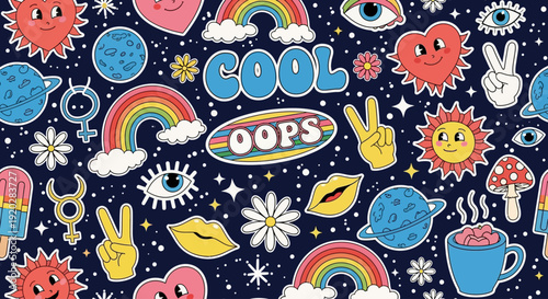 Vibrant playful pattern featuring hearts, stars, and smiles in a whimsical design on a dark background, viewed from directly above