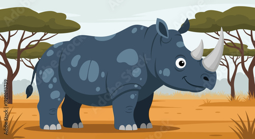 A cartoon rhinoceros stands in a savannah landscape with trees and grass viewed from the side