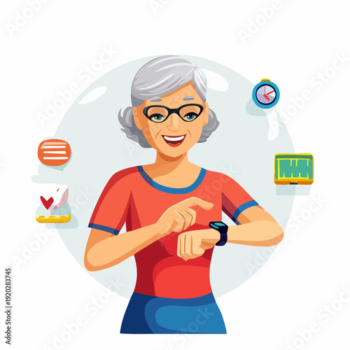 An energetic mature woman checks her fitness statistics on a smartwatch and mobile app after a morning jog. Retired life
