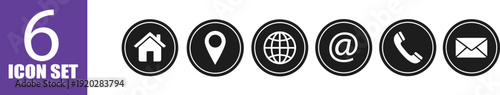 Six black icons on white background with house map globe email phone symbols in a row